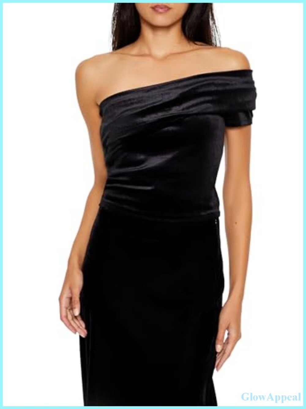 Velvet One-Shoulder Crop Top Foldover Neckline Single Sleeve